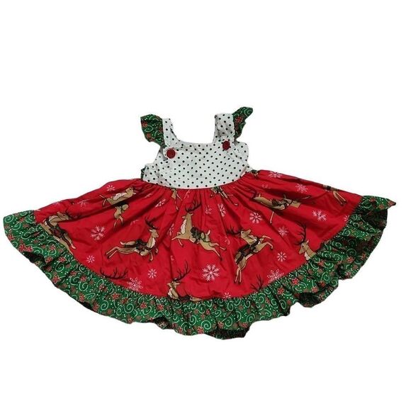 Eleanor Rose Girls Size 18 Months Red Green Reindeer Patterned Christmas Dress - Picture 1 of 5